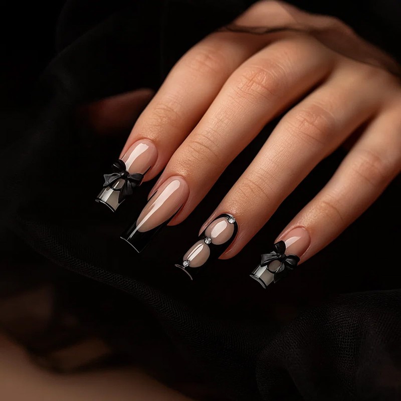 24pcs Long Square Press On Nails – Black Handmade False