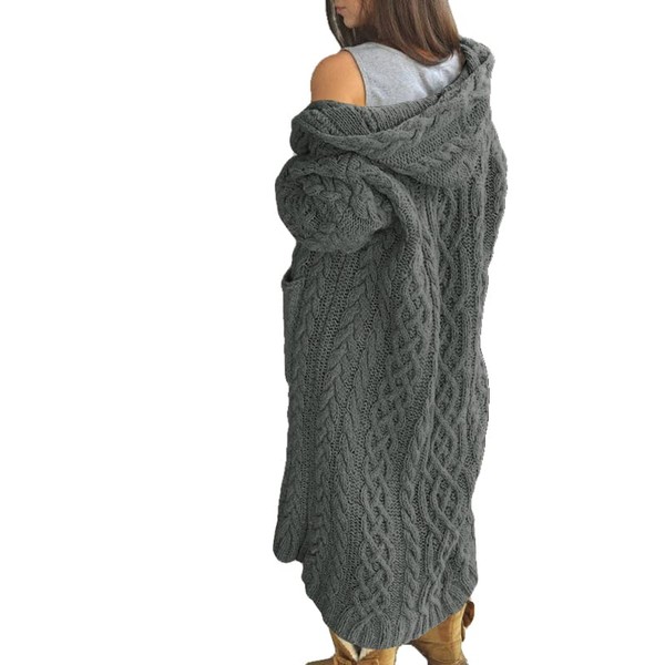 NIUBIA Womens Casual Long Sleeve Open Cardigan Warm Hooded Outwear Coat Cable Knit Long Cardigan Sweaters with Pockets Gray