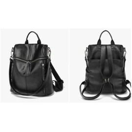 AurexaFashion Genuine Cow Leather Backpack Shoulder Handbag Bag for Women, Top Handle & 2 Detachable Straps -Black