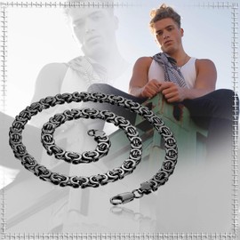 Flongo Men's Byzantine Chain, Men's Chain, 9 mm Wide Stainless Steel Necklace, Chains, Black Silver Rose Gold Chain, 57 cm, Rau Rock Men's Accessories, Stainless Steel, Black