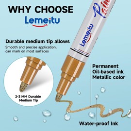 Lemeitu Paint Pens,6 Count Permanent Oil Based Paint Markers,Never Fade Marker Pen,for Office, Art projects, Rock Painting, Ceramic, Glass, Wood, Plastic, Metal, Canvas,Gold