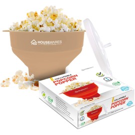 Collapsible Silicone Microwave Hot Air Popcorn Popper Bowl With Lid and Handles (Tan)