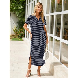 Glamaker Skirt Sets Womens 2 Piece Outfits Casual Striped Summer Short Sleeve Travel Sets for Women Clothing Set (White Navy Blue L)