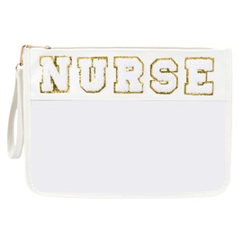 Nurse Bag, Nurse Accessories for Work, Clear Cosmetic Travel Bag, Nurse Gifts, Toiletry Pouch, Clear Zipper Pouch for Travel, Chenille Varsity Letter Zipper Pouch (White-Nurse)