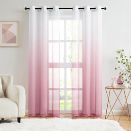 Pink Ombre Chiffon Sheer Curtains 90 Inch Long for Living Room Bedroom Decor, Crinkle Gradient Semi Sheer Grommet Top Window Curtain Drapes for Girls Room, Garden, Yard, Set of 2 Panels