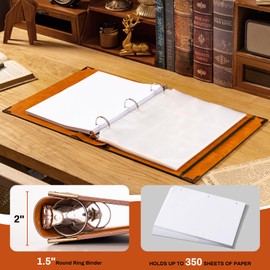 Ovesmusl Leather 3 Ring Binder Fits 8.5"x11" Letter Size Paper, 1.5 Inch Round Ring Binder Holds 350 Sheets, Notepad Paper Cover Loose Leaf Organizer, Brown Tree