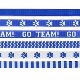 6 Pieces 3 Yards Dog Cat Paw Ribbon for Crafting Sewing, 3/8 Inch Blue Grosgrain Ribbons for Gift Wrapping, Sports Blue Stripes Wave Fabric Ribbons for Hair Bow Clips Cheerleading Accessory