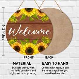 Muktoujaumai Welcome Sign Front Door Decor, Summer Welcome Round Hanging Sign Decor Farmhouse Sunflower Wall Decorations Wood Sign for Door, Porch, Home, Housewarming Gift for New House Friend Family