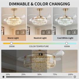 42'' Fandelier Ceiling Fan with Light, Chandelier Fan for Bedroom Living Room, LED Dimmable, 6 Wind Speed Retractable Crystal Ceiling Fan