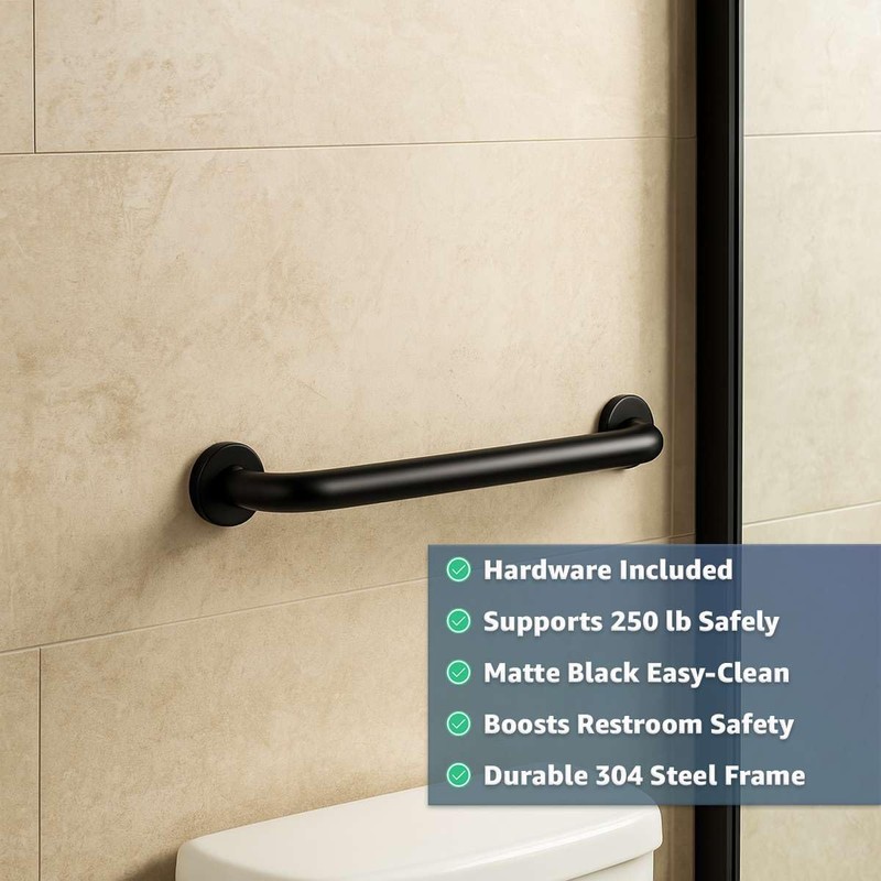 18" Stainless Steel Matte Black Restroom Grab Bar - Wall