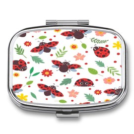 Travel Small Pill Box Flower Red Ladybug Portable Pill Storage Box, Pocket Box Dispenser, Vitamin Compartment Container Pill Box