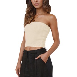 BZB Women Tube Crop Tops Summer Strapless Cute Ribbed Bandeau Tank Tops(Beige,Small)