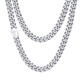 VNOX Silver Cross Necklace for Men, Solid Mens Cross Cuban Link Chain Necklaces 7mm Stainless Steel Silver Chains for Men, Cool Miami Jewelry Faith Religious Christian Gifts 22 Inch Cuban Cross Chain