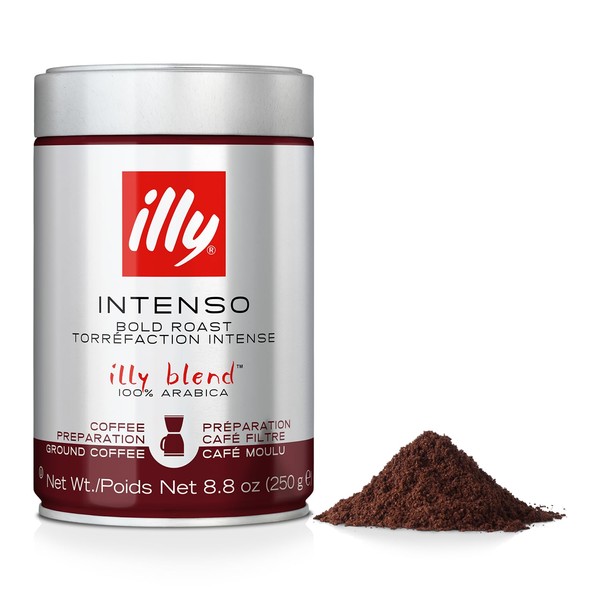 illy Intenso Ground Drip Coffee, Bold Roast, Intense, Robust and Full Flavored With Notes of Deep Cocoa, 100% Arabica Coffee, No Preservatives, 8.8oz (Pack of 1)