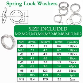 Aienxn 1000PCS Metric Sizes 304 Stainless Steel Spring Lock and Flat Washer Assortment Kit-M2, M2.5, M3, M4, M5, M6, M8, M10, M12, Prevent Loose Fasteners