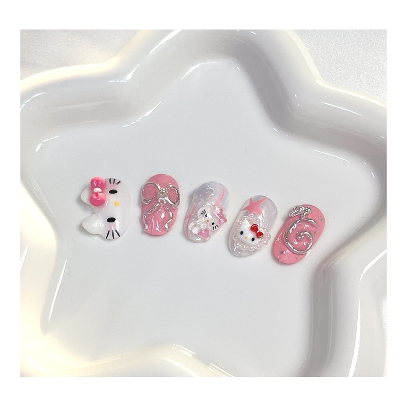 [Premium handmade embossed nail] Pink angel cat - Coffin Egg