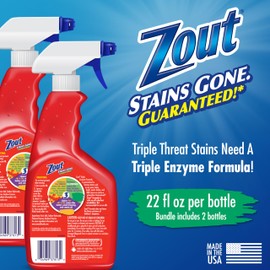 Zout Laundry Stain Remover Spray, Triple Enzyme Formula Removes the Toughest Stains, Made in the USA, 22 Ounce Bottles, 2-Pack