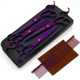 VIsuIvit Professional Dog Grooming Scissors Set 18cm/7 inch, 8 Piece Dog Grooming Shears - Dog Hair Trimming- 6CR Steel Pet Grooming Scissors Kit (Purple)