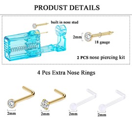 Vessantara Nose Piercing Kit Disposable Nose Piercing Gun Gold Nose Piercing with Nose Rings Jewelry (TML-G195-4)
