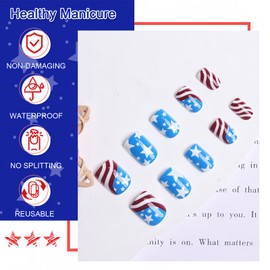 BFY 4th of July Press on Nails Short Square Fake Nails, Stars Red White Stripes Acrylic Nails, Blue Glossy Gel False Nails Kit Stick Glue on Nails Tip, Independence Day Patriotic Decoration 24 Pcs