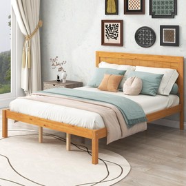 P PURLOVE Queen Size Bed Frame,Solid Wood Platform Bed with Headboard,No Box Spring Needed,Oak