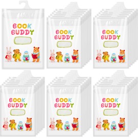 AmazingSpark 30 Pcs Kids Book Bags Hanging Storage Plastic Bags 13.8 x9.8 Inches Large Hook take Home Totes Back to School Gifts for Student Classroom Organizer