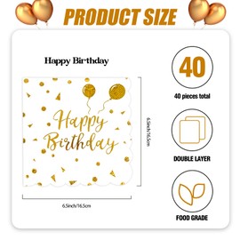 Pack of 40 Napkins Happy Birthday, White and Gold Birthday Lace Napkins 33 x 33 cm for Boys Girls Birthday Celebrations Party Anniversary