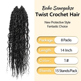 NISEYO Boho Senegalese Twist Crochet Hair 14 Inch, 8 Packs Pre-looped Curly Ends, Black Pretwisted Goddess Island Passion Twist Crochet Braids (120 Strands,1#)