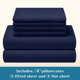 BYSURE 6 Pieces Stretch King Size Sheets Set, Super Soft and Wrinkle-Free Bed Sheets Jersey-Like Spandex Blend with 18-inch Deep Pocket, Navy Blue
