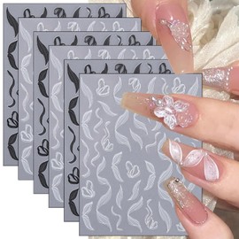 White Ribbons Nail Art Stickers - Black French Lines, 3D Self-Adhesive Waves Curve Decals, 6 Sheets Black White Stripes Streamers Designs for Women Girls