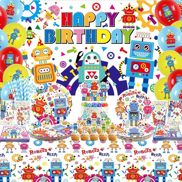 Robot Birthday Party Decoration - Robot Happy Birthday Backdrop, Tableware,