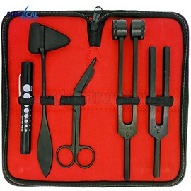 SurgicalOnline Percussion Taylor Reflex Hammer + C 128 & C 512 Tuning Forks + Bandage Scissors + Pupil Gauge Pen Light in Carrying Case -  6-Piece Set (Full Black)