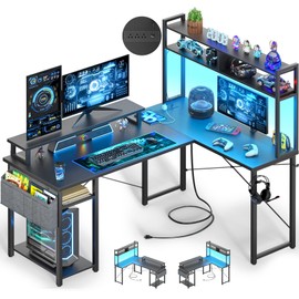 Besiost Small L Shaped Desk Gaming Desk with Power Outlets, 48" Reversible L Shaped LED Computer Desk with Monitor Stand & Storage Shelf, Corner Gamer Desk Home Office Desk with Storage Bag, Black
