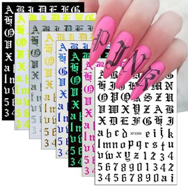 8 Sheets Old English Nail Sticker 3D Self-Adhesive Pegatinas Uñas Old Alphabet Nail Decals Gold Silver Black White Number Font Letters Metallic Holographic Alphabet Design Nail Art Supplies for Women
