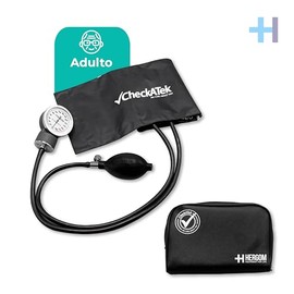 Checkatek Baumanómetro Aneroide Tradicional Negro, Estuche portátil de vinil, Esfignomanómetro, Resistente, Manómetro con carátula amplia, Fácil lectura, Manguera y perilla de látex, Brazal de nylon