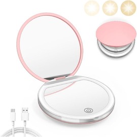 Compact Mirror with Light, 1X/3X Magnification LED Pocket Mirror with USB Data Cable, Pink Mini Mirror for Purse, Pocket,Travel and Present - Color: Pink