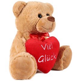 BRUBAKER Teddy Plush Bear with Heart Red - Good Luck - 35 cm - Teddy Bear Plush Teddy Cuddly Toy - Stuffed Toy Brown Light Brown