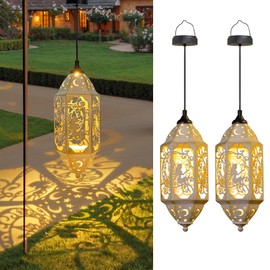 Big Outdoor Solar Lanterns Waterproof Fairy Moon Garden Gifts for Women Mom12.4‘’ Metal Garden Lanterns Hanging Light for Patio Backyard Decorations, Mothers Day Birthday Gifts (Gold White,2Pack)