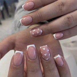 Valentines Press on Nails Medium Square SWEKKE White French Tip Fake Nails False Nails with White Heart Designs Full Cover Glossy Glue on Nails Stick on Nails for Women Girls 24 Pcs