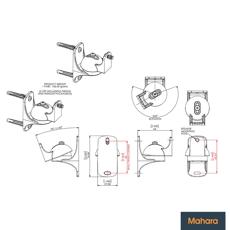 MAHARA Tilt & Swivel Speaker Stand Wall Mount x2 -