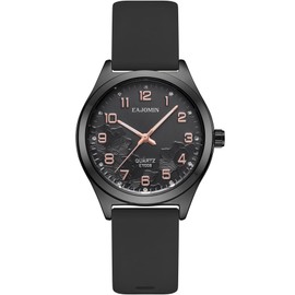 EAJOMIN Women's Waterproof Quartz Analog Watch, Easy Read Dial, Rubber Silicone Band (E1008 Black)