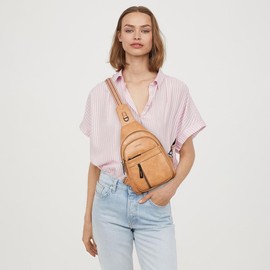 7L Sling Bag For Women Men Backpack Fanny Pack Crossbody Chest Travel Shoulder Women's Belt Bags Purse Handbag PU Leather Zipper Compact:_Tan