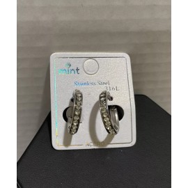 Mint Silver Toned Hoop Earrings With Rhinestones 1/2” Stainless Steel New