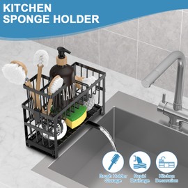Hvisso 2-Tier Kitchen Sink Caddy with High Brush Holder, Sponge Holder for Sink, Kitchen Storage Organization Sponge Rack, Home Apartment Essential Gadgets Accessories (Black)