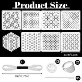 24 Pcs Sashiko Stencil Kit, 8Pcs 4.7 x 4.7 Inch Geometric Pattern Sashiko Stencil 1Pcs Thimble and 5Pcs Finger Cots 5Pcs Needles 5Thread for Hand Quilting Sewing and Mending Crafts