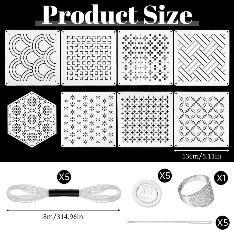 24 Pcs Sashiko Stencil Kit, 8Pcs 4.7 x 4.7 Inch