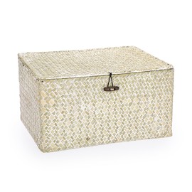 IGNPION Seagrass Storage Basket with Lid Woven Seagrass Desktop Basket Rectangular Bathroom Storage Organiser Box, Shelves & Desks Decorative Basket Multipurpose storage Hamper (Withewash,L)