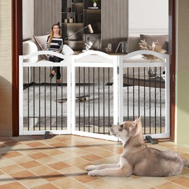 ZJSF Freestanding Foldable Dog Gate Indoor, Pet Gate for Doorways, Dog Fence for The House, Sturdy Wood Puppy Gate for Stairs, White Dog Gates with Support Feet for Hallways, 32 "Height-3 Panels