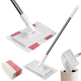 Microfibre Mop with Pressure Clamping System, Automatic Clamping Cloth with 4 Reusable Microfibre Cloths, Removable Mop for Practical Cleaning, Clip for Cloths without Hand Wash
