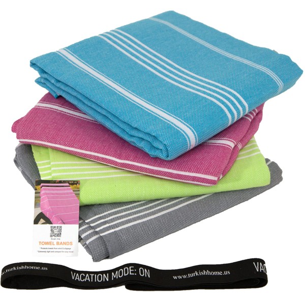 Clotho Turkish Beach Towel Set of 4 with Towel Bands - Beach Towels Oversized 4 Pack - Sand Free Quick Dry Turkish Playa Towel - 100% Cotton 39 x 70 inch - Light Travel Towel